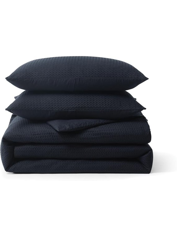 Bedding Modern Waffle 3-Piece Cotton Comforter & Sham Set, King, Faded Black