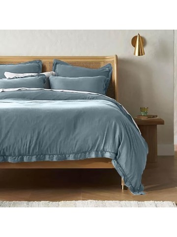 4-Piece Pure Linen Sheet Set (112x102 inches) - California King Size, Sky Blue Embroidered Edge - Pre-Washed Fabric