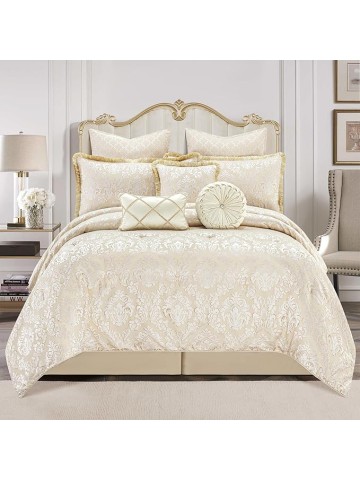 9-Piece Elegant Damask Comforter Sets Jacquard Medallion Design, Ultra Soft Floral Bedding with Euro Shams, Bedskirt, Filled Decorative Pillow for Home (Beige White, King)