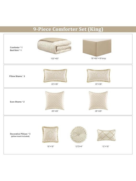 9-Piece Elegant Damask Comforter Sets Jacquard Medallion Design, Ultra Soft Floral Bedding with Euro Shams, Bedskirt, Filled Decorative Pillow for Home (Beige White, King)
