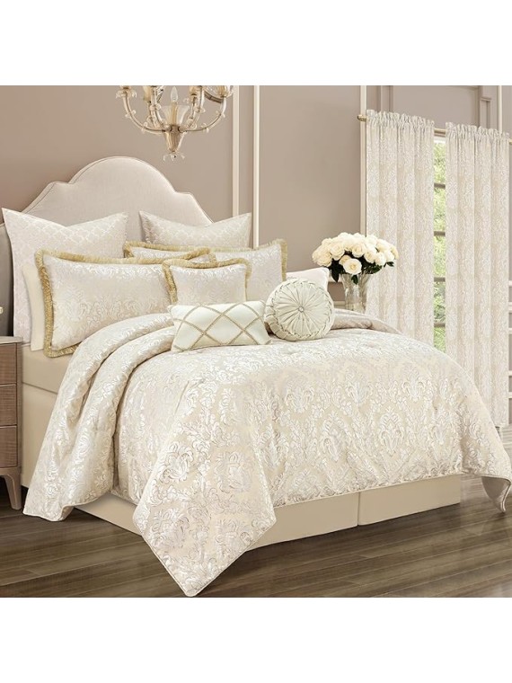 9-Piece Elegant Damask Comforter Sets Jacquard Medallion Design, Ultra Soft Floral Bedding with Euro Shams, Bedskirt, Filled Decorative Pillow for Home (Beige White, King)