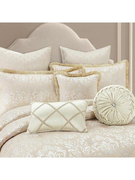 9-Piece Elegant Damask Comforter Sets Jacquard Medallion Design, Ultra Soft Floral Bedding with Euro Shams, Bedskirt, Filled Decorative Pillow for Home (Beige White, King)