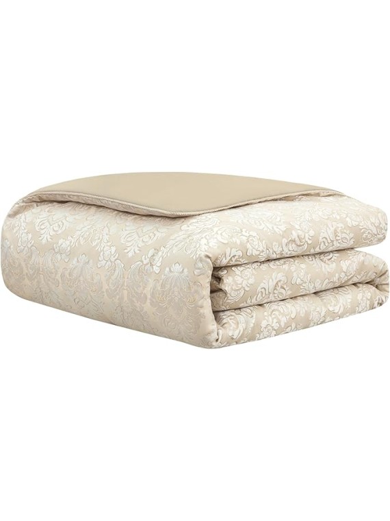9-Piece Elegant Damask Comforter Sets Jacquard Medallion Design, Ultra Soft Floral Bedding with Euro Shams, Bedskirt, Filled Decorative Pillow for Home (Beige White, King)
