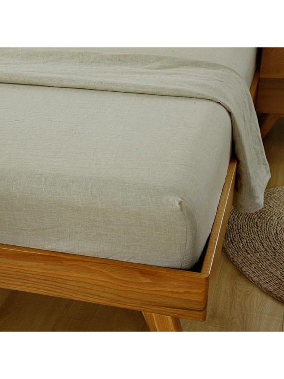100% Linen 4 PCS Sheet Set, Breathable Natural Linen Sheets Pillowcase Set for All Seasons, Includes 1x Fitted Sheet, 1x Flat Sheet, 2X Pillowcase, Support Solid Color Custom (Flax, Cal King)