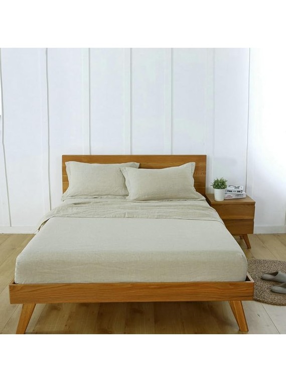 100% Linen 4 PCS Sheet Set, Breathable Natural Linen Sheets Pillowcase Set for All Seasons, Includes 1x Fitted Sheet, 1x Flat Sheet, 2X Pillowcase, Support Solid Color Custom (Flax, Cal King)