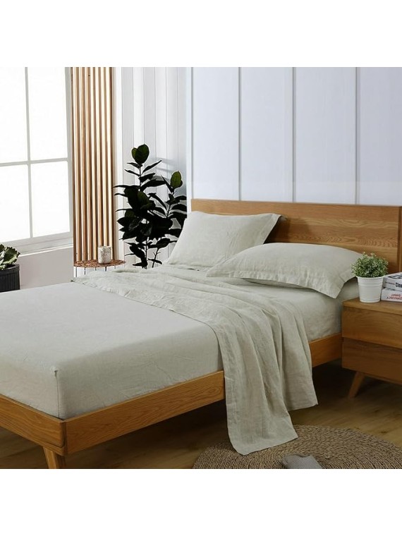 100% Linen 4 PCS Sheet Set, Breathable Natural Linen Sheets Pillowcase Set for All Seasons, Includes 1x Fitted Sheet, 1x Flat Sheet, 2X Pillowcase, Support Solid Color Custom (Flax, Queen)