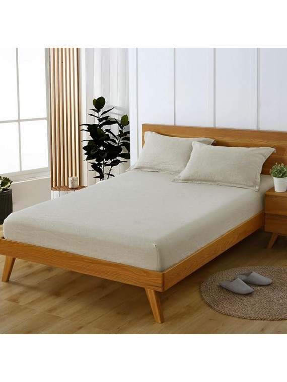 100% Linen 4 PCS Sheet Set, Breathable Natural Linen Sheets Pillowcase Set for All Seasons, Includes 1x Fitted Sheet, 1x Flat Sheet, 2X Pillowcase, Support Solid Color Custom (Flax, Queen)