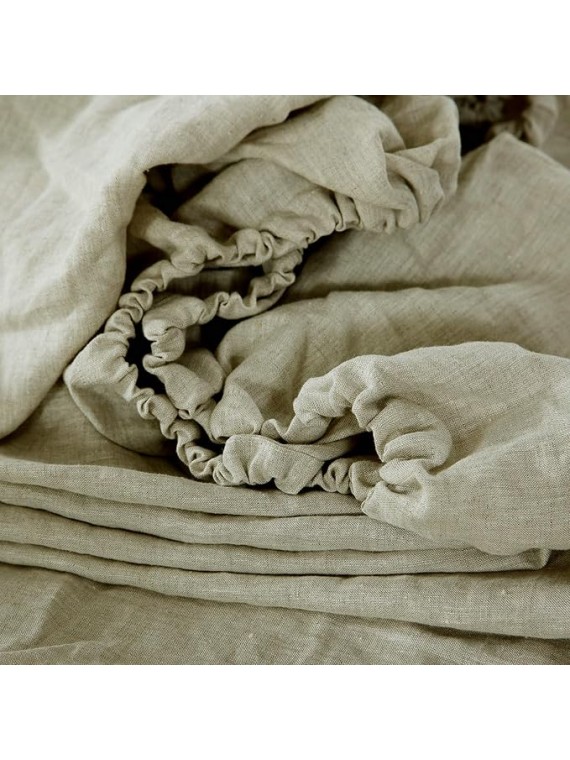 100% Linen 4 PCS Sheet Set, Breathable Natural Linen Sheets Pillowcase Set for All Seasons, Includes 1x Fitted Sheet, 1x Flat Sheet, 2X Pillowcase, Support Solid Color Custom (Flax, Queen)