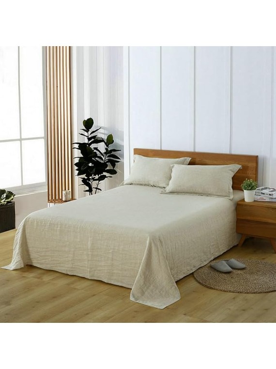 100% Linen 4 PCS Sheet Set, Breathable Natural Linen Sheets Pillowcase Set for All Seasons, Includes 1x Fitted Sheet, 1x Flat Sheet, 2X Pillowcase, Support Solid Color Custom (Flax, Queen)