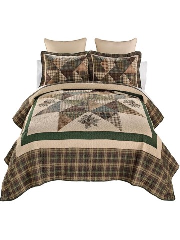 Pine Star Pieced Embroidered Cotton Quilted Bedding Set - 3-Piece Queen Size Quilt Set - Includes 1 Quilt and 2 Pillow Shams - Machine Washable - Perfect for Rustic Decor