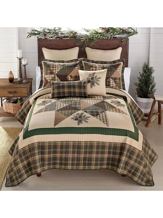 Pine Star Pieced Embroidered Cotton Quilted Bedding Set - 3-Piece Queen Size Quilt Set - Includes 1 Quilt and 2 Pillow Shams - Machine Washable - Perfect for Rustic Decor