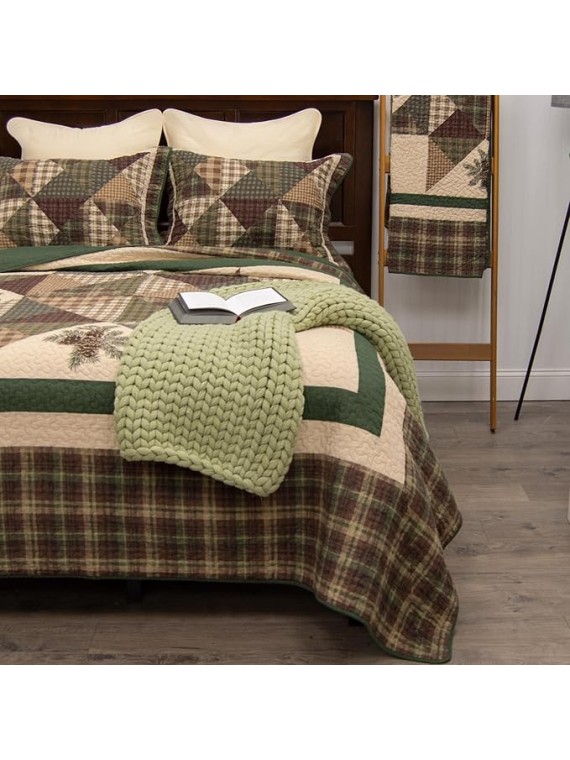 Pine Star Pieced Embroidered Cotton Quilted Bedding Set - 3-Piece Queen Size Quilt Set - Includes 1 Quilt and 2 Pillow Shams - Machine Washable - Perfect for Rustic Decor