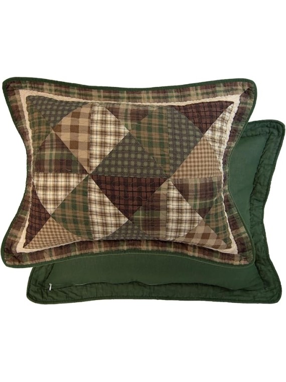 Pine Star Pieced Embroidered Cotton Quilted Bedding Set - 3-Piece Queen Size Quilt Set - Includes 1 Quilt and 2 Pillow Shams - Machine Washable - Perfect for Rustic Decor