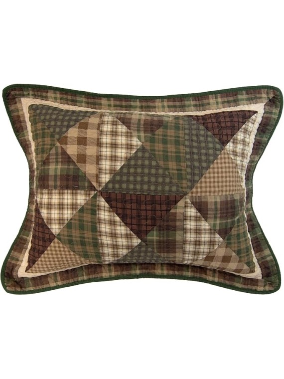 Pine Star Pieced Embroidered Cotton Quilted Bedding Set - 3-Piece Queen Size Quilt Set - Includes 1 Quilt and 2 Pillow Shams - Machine Washable - Perfect for Rustic Decor