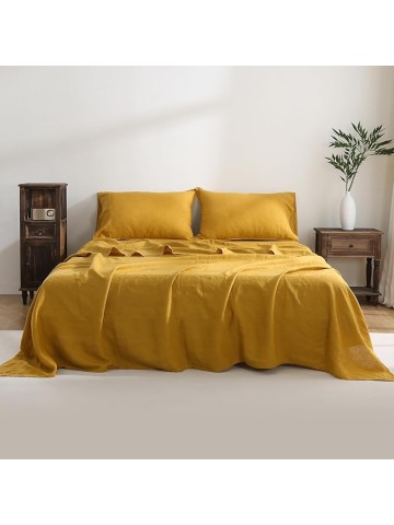 100% French Linen Sheets Set Cal King Size-4Pcs Natural Washed Flax Bed Sheets Soft Breathable and Durable- 1 Flat Sheet 1 Fitted Sheet 2 Pillowcases (Yellow, Cal King)