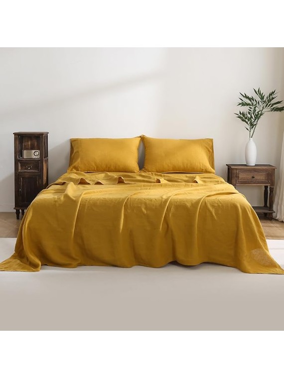 100% French Linen Sheets Set Cal King Size-4Pcs Natural Washed Flax Bed Sheets Soft Breathable and Durable- 1 Flat Sheet 1 Fitted Sheet 2 Pillowcases (Yellow, Cal King)