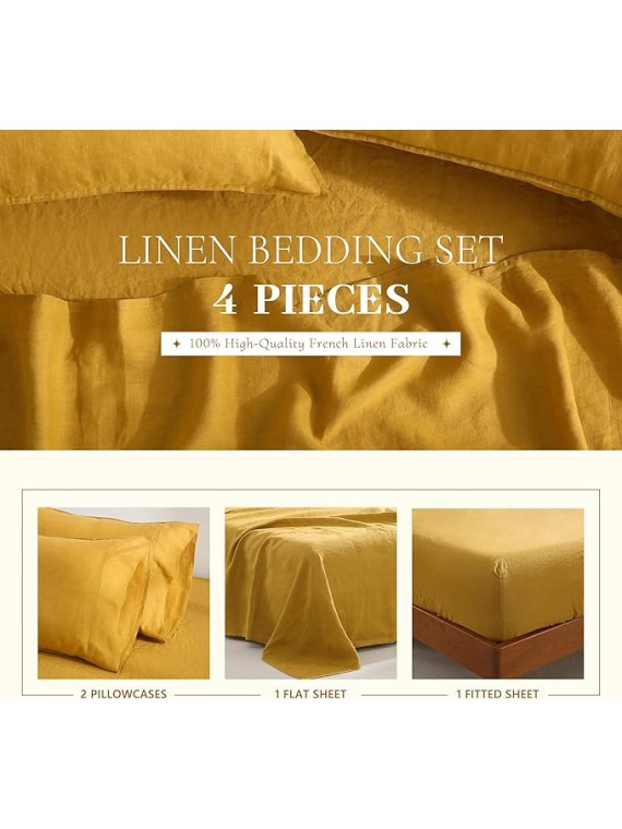 100% French Linen Sheets Set Cal King Size-4Pcs Natural Washed Flax Bed Sheets Soft Breathable and Durable- 1 Flat Sheet 1 Fitted Sheet 2 Pillowcases (Yellow, Cal King)