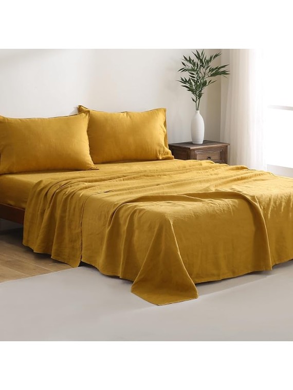100% French Linen Sheets Set Cal King Size-4Pcs Natural Washed Flax Bed Sheets Soft Breathable and Durable- 1 Flat Sheet 1 Fitted Sheet 2 Pillowcases (Yellow, Cal King)