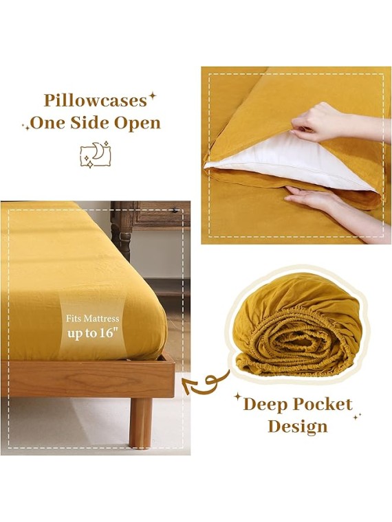 100% French Linen Sheets Set Cal King Size-4Pcs Natural Washed Flax Bed Sheets Soft Breathable and Durable- 1 Flat Sheet 1 Fitted Sheet 2 Pillowcases (Yellow, Cal King)