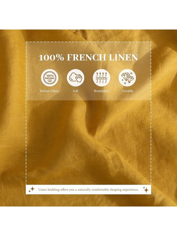 100% French Linen Sheets Set Cal King Size-4Pcs Natural Washed Flax Bed Sheets Soft Breathable and Durable- 1 Flat Sheet 1 Fitted Sheet 2 Pillowcases (Yellow, Cal King)