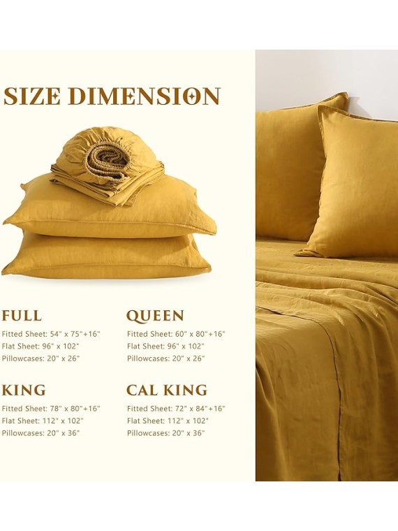 100% French Linen Sheets Set Cal King Size-4Pcs Natural Washed Flax Bed Sheets Soft Breathable and Durable- 1 Flat Sheet 1 Fitted Sheet 2 Pillowcases (Yellow, Cal King)