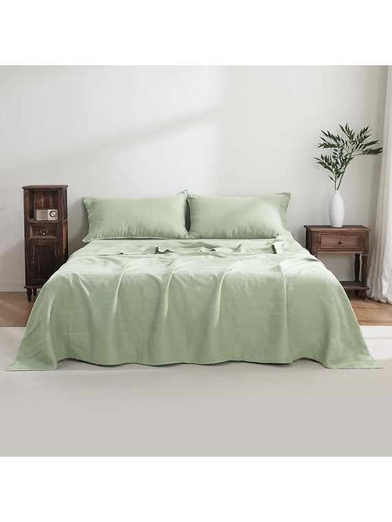100% French Linen Sheets Set Queen Size-4Pcs Natural Washed Flax Bed Sheets Soft Breathable and Durable- 1 Flat Sheet 1 Fitted Sheet 2 Pillowcases (Sage, Queen)