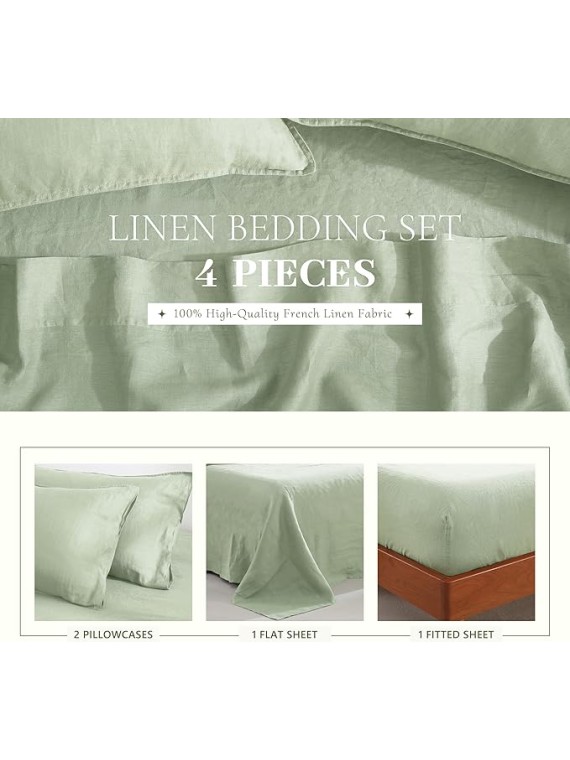 100% French Linen Sheets Set Queen Size-4Pcs Natural Washed Flax Bed Sheets Soft Breathable and Durable- 1 Flat Sheet 1 Fitted Sheet 2 Pillowcases (Sage, Queen)