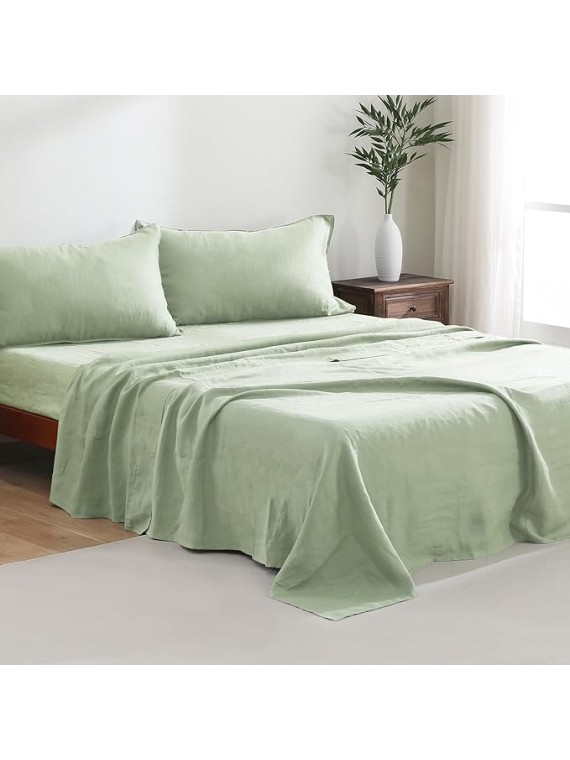 100% French Linen Sheets Set Queen Size-4Pcs Natural Washed Flax Bed Sheets Soft Breathable and Durable- 1 Flat Sheet 1 Fitted Sheet 2 Pillowcases (Sage, Queen)