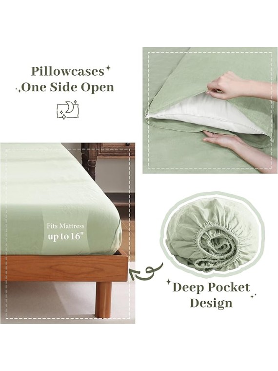 100% French Linen Sheets Set Queen Size-4Pcs Natural Washed Flax Bed Sheets Soft Breathable and Durable- 1 Flat Sheet 1 Fitted Sheet 2 Pillowcases (Sage, Queen)