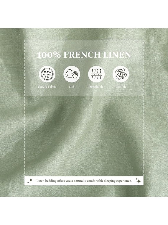 100% French Linen Sheets Set Queen Size-4Pcs Natural Washed Flax Bed Sheets Soft Breathable and Durable- 1 Flat Sheet 1 Fitted Sheet 2 Pillowcases (Sage, Queen)