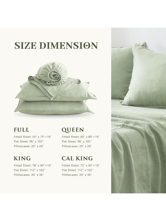 100% French Linen Sheets Set Queen Size-4Pcs Natural Washed Flax Bed Sheets Soft Breathable and Durable- 1 Flat Sheet 1 Fitted Sheet 2 Pillowcases (Sage, Queen)