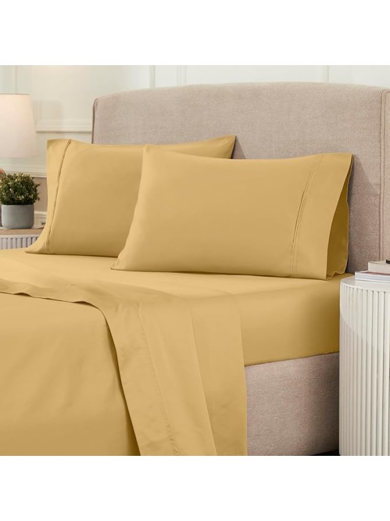 1200 Thread Count Egyptian Cotton Sheet Set, Bedroom Sheets, Modern Home Essentials, Luxury Bedding, 1 Elastic Deep Pocket Fitted Bed Sheet, 1 Flat Sheet, 2 Pillowcases, California King, Gold