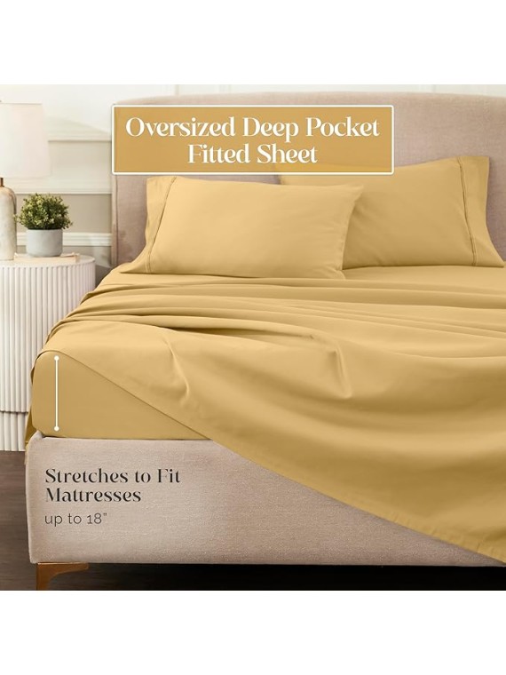 1200 Thread Count Egyptian Cotton Sheet Set, Bedroom Sheets, Modern Home Essentials, Luxury Bedding, 1 Elastic Deep Pocket Fitted Bed Sheet, 1 Flat Sheet, 2 Pillowcases, California King, Gold