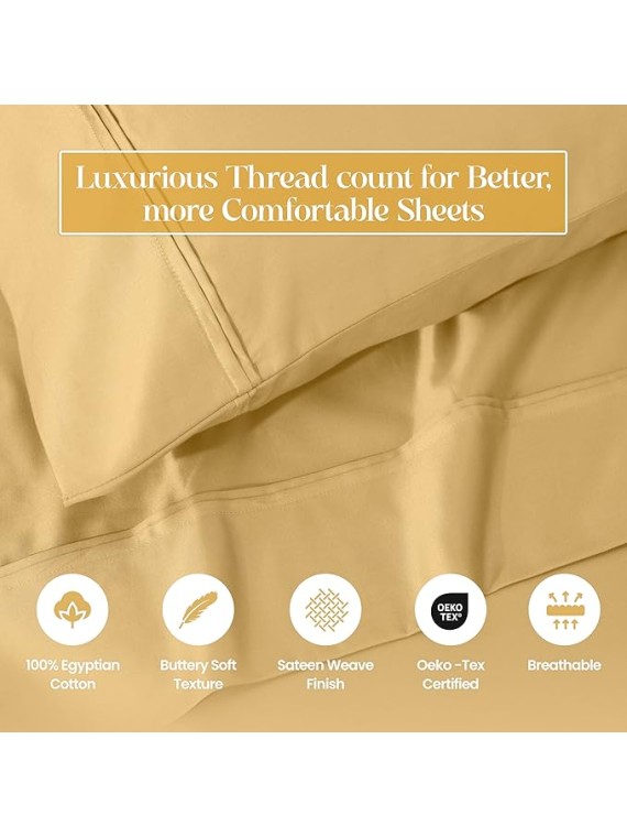 1200 Thread Count Egyptian Cotton Sheet Set, Bedroom Sheets, Modern Home Essentials, Luxury Bedding, 1 Elastic Deep Pocket Fitted Bed Sheet, 1 Flat Sheet, 2 Pillowcases, California King, Gold