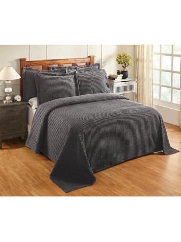 3 Piece Elegant 100% Cotton Tufted Chenille Bedspread King Size Heirloom Quality in Stripe Design | All Seasons Dark Grey Gray Color Western Bedding Aesthetic Look Soft Plush Cozy Feel