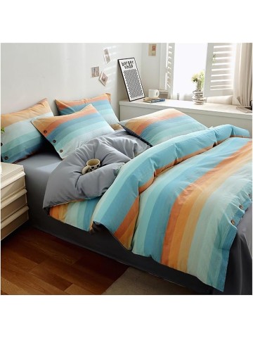 Bedding Set Cotton Colorful Striped Duvet Cover Set, 100% Cotton Fabric, Natural Elegant Dreamy Feel, Durable and Breathable Bedding Set 4 Piece(Greenish Yel