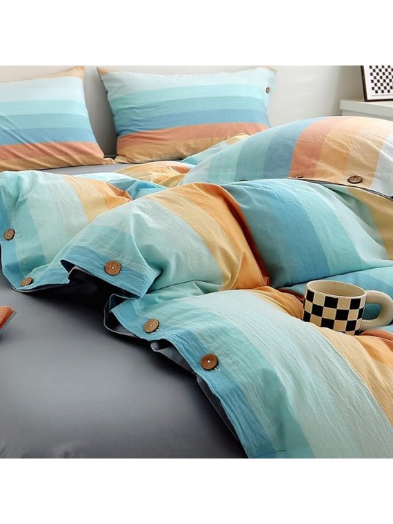 Bedding Set Cotton Colorful Striped Duvet Cover Set, 100% Cotton Fabric, Natural Elegant Dreamy Feel, Durable and Breathable Bedding Set 4 Piece(Greenish Yel