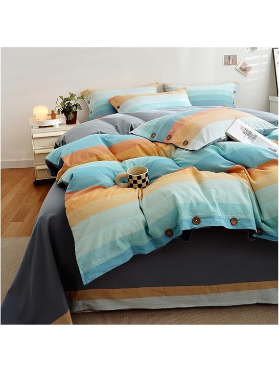 Bedding Set Cotton Colorful Striped Duvet Cover Set, 100% Cotton Fabric, Natural Elegant Dreamy Feel, Durable and Breathable Bedding Set 4 Piece(Greenish Yel