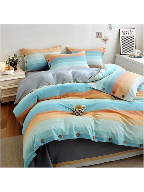Bedding Set Cotton Colorful Striped Duvet Cover Set, 100% Cotton Fabric, Natural Elegant Dreamy Feel, Durable and Breathable Bedding Set 4 Piece(Greenish Yel