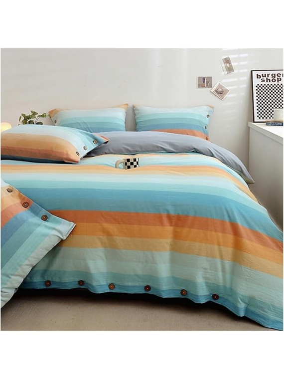 Bedding Set Cotton Colorful Striped Duvet Cover Set, 100% Cotton Fabric, Natural Elegant Dreamy Feel, Durable and Breathable Bedding Set 4 Piece(Greenish Yel