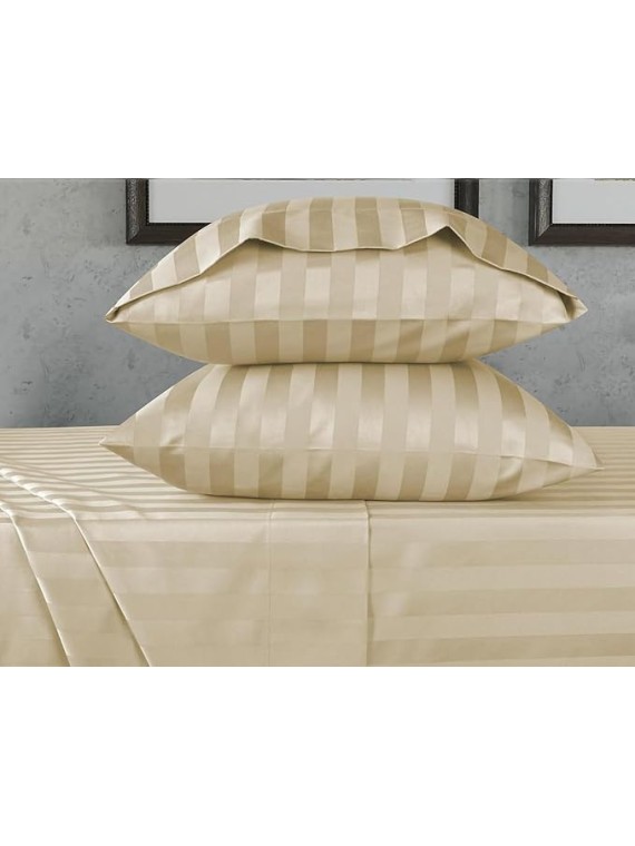 Damask Stripe Olympic Queen Size 7-Piece Duvet Cover and Bed Sheet Set 24 inches Deep Pocket - Complete Luxury Soft 1000 Thread Count 100% Egyptian Cotton Bedding Set - Beige