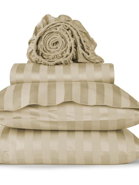 Damask Stripe Olympic Queen Size 7-Piece Duvet Cover and Bed Sheet Set 24 inches Deep Pocket - Complete Luxury Soft 1000 Thread Count 100% Egyptian Cotton Bedding Set - Beige