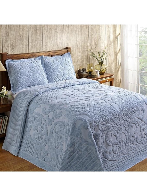 All Seasons 3 Piece 100% Cotton Tufted Chenille Bedspread Coverlet Set King Size Heirloom Quality in Medallion Design | Light Blue Color Western Bedding Soft Plush Cozy Aesthetic Look