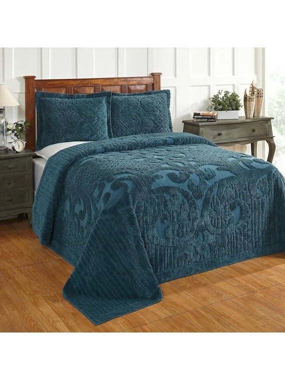 All Seasons 3 Piece 100% Cotton Tufted Chenille Bedspread Coverlet Set King Size Heirloom Quality in Medallion Design | Teal Blue Green Color Western Bedding Soft Plush Cozy Aesthetic Look
