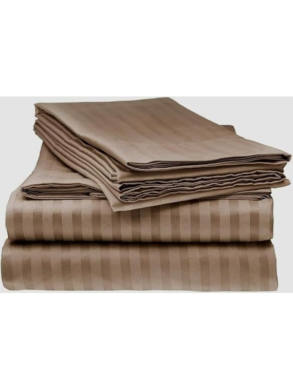 Damask Striped Twin Size 6 Piece Bedding Set (4 Pc Sheet Set 17 inch Deep + 1 Pc Duvet Cover + 1 Pc Bed Skirt) Hotel Luxury 1000 Thread Count 100% Egyptian Cotton - Taupe