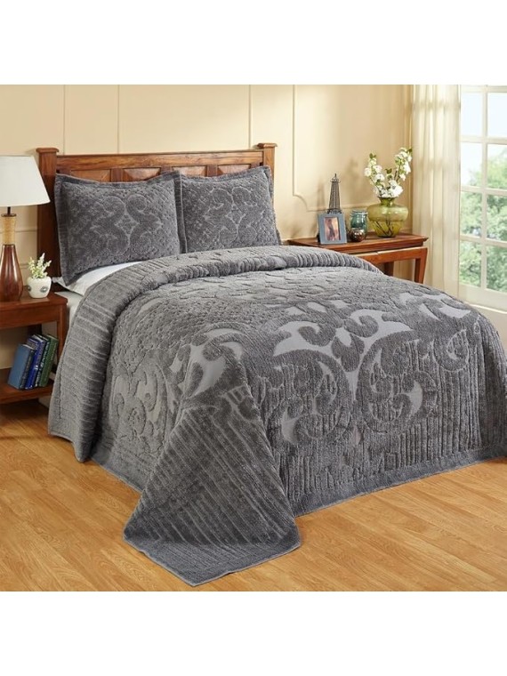 Pretty Medallion Design 3 Piece 100% Cotton Tufted Chenille Bedspread King Size Soft Plush Feel | All Seasons Dark Gray Grey Color Aesthetic Bedding Western Farmhouse Look Cozy Coverlet Set