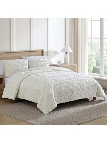 Medallion Tufted Chenille Comforter 3-Piece Set, Cotton, All Season Cozy Bedding, King, Ivory