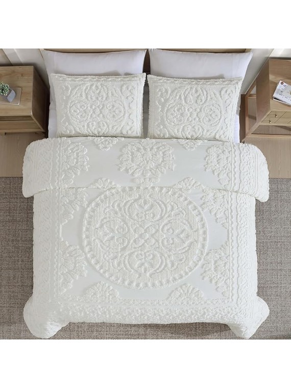 Medallion Tufted Chenille Comforter 3-Piece Set, Cotton, All Season Cozy Bedding, King, Ivory