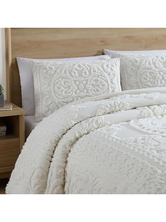 Medallion Tufted Chenille Comforter 3-Piece Set, Cotton, All Season Cozy Bedding, King, Ivory