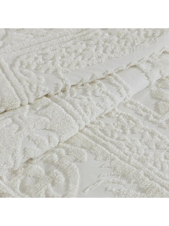 Medallion Tufted Chenille Comforter 3-Piece Set, Cotton, All Season Cozy Bedding, King, Ivory